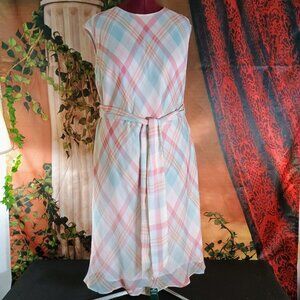 NWT: Lauren Ralph Lauren Sz 18W Blue & Pink Plaid Belted Georgette Dress